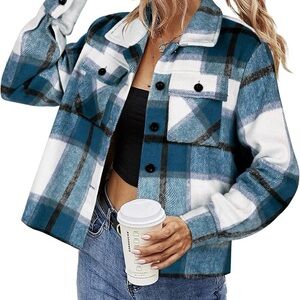 Hotouch Cropped Blue Plaid Women's Jean Shacket